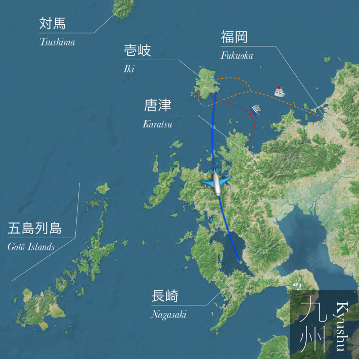 Map of northwest Kyushu showing labels for Tsushima, Iki, Fukuoka, Karatsu, Gotō Islands, Nagasaki. Ferry and air routed to Iki are highlighted.