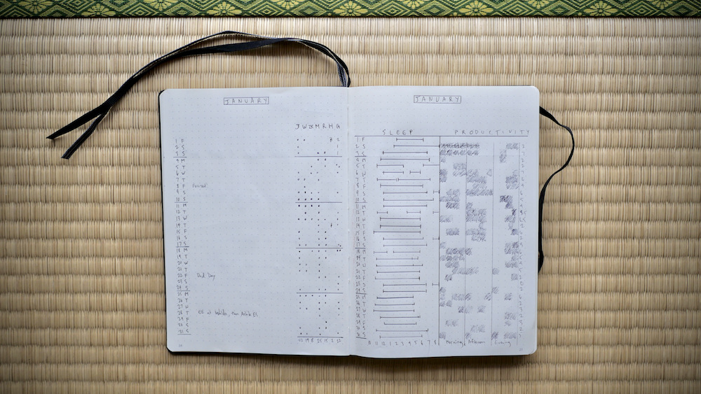 Open Notebook showing a bullet journal layout on the left page, and on the right page a sleep tracker and productivity tracker