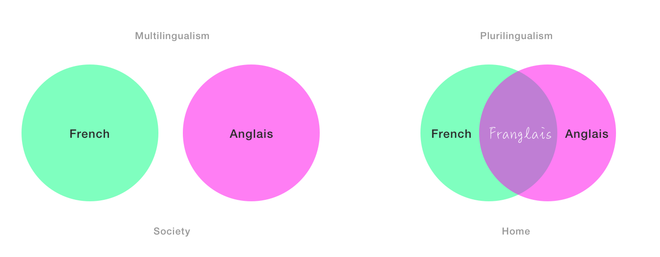 two Venn diagrams. On the left shows two circles, not overlapping, labelled FRENCH and ANGLAIS. On the right is the same two circles overlapping with the label FRANGLAIS.