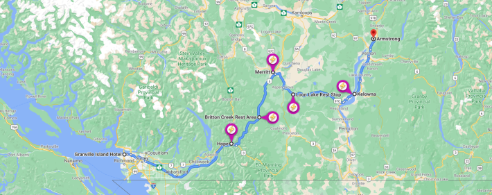 map showing route from Vancouver to Armstrong with 5 charging stations marked